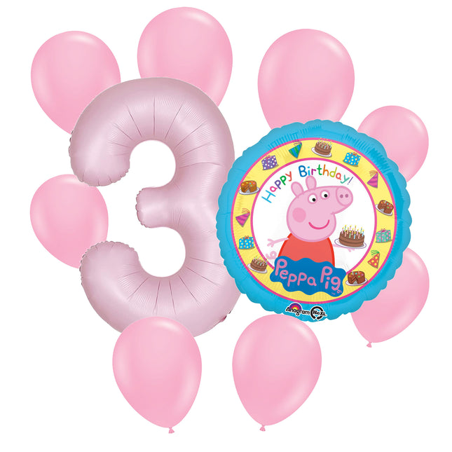 Peppa Pig 3rd birthday set main: number 3 foil, themed foil and 8 matching latex balloons