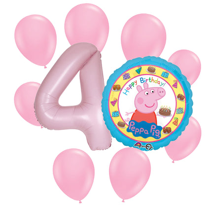 Peppa Pig 4th birthday set main: number 4 foil, themed foil and 8 matching latex balloons