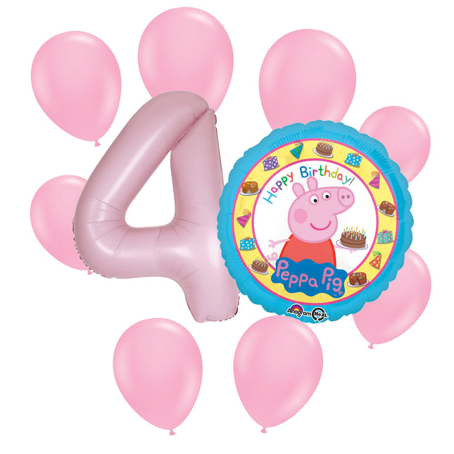Peppa Pig 4th birthday set main: number 4 foil, themed foil and 8 matching latex balloons