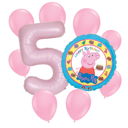 Peppa Pig 5th birthday set main: number 5 foil, themed foil and 8 matching latex balloons