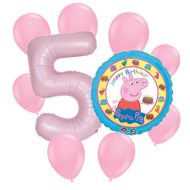 Peppa Pig 5th birthday set main: number 5 foil, themed foil and 8 matching latex balloons