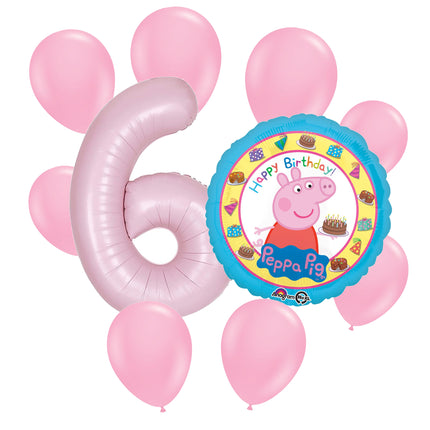 Peppa Pig 6th birthday set main: number 6 foil, themed foil and 8 matching latex balloons