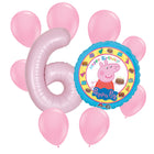 Peppa Pig 6th birthday set main: number 6 foil, themed foil and 8 matching latex balloons