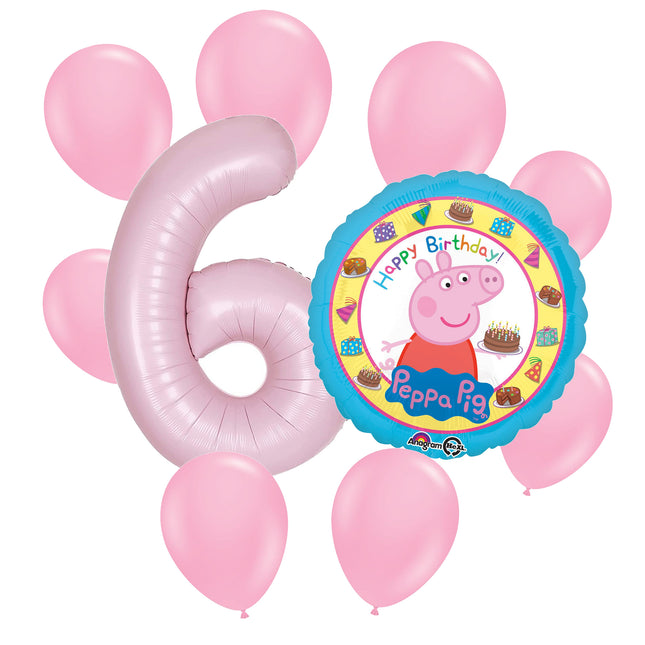 Peppa Pig 6th birthday set main: number 6 foil, themed foil and 8 matching latex balloons