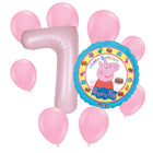 Peppa Pig 7th birthday set main: number 7 foil, themed foil and 8 matching latex balloons