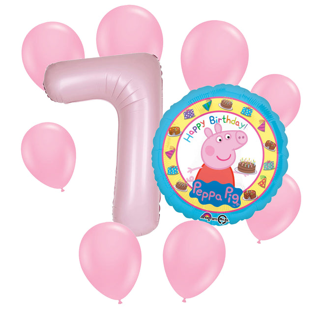 Peppa Pig 7th birthday set main: number 7 foil, themed foil and 8 matching latex balloons