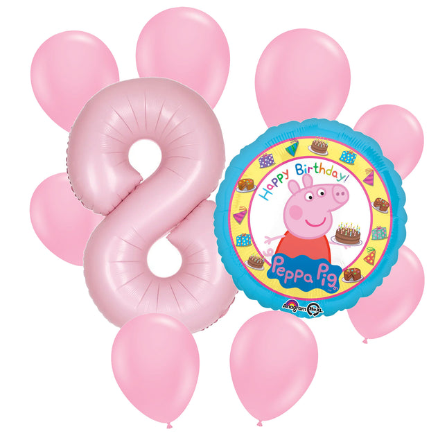 Peppa Pig 8th birthday set main: number 8 foil, themed foil and 8 matching latex balloons