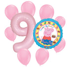 Peppa Pig 9th birthday set main: number 9 foil, themed foil and 8 matching latex balloons