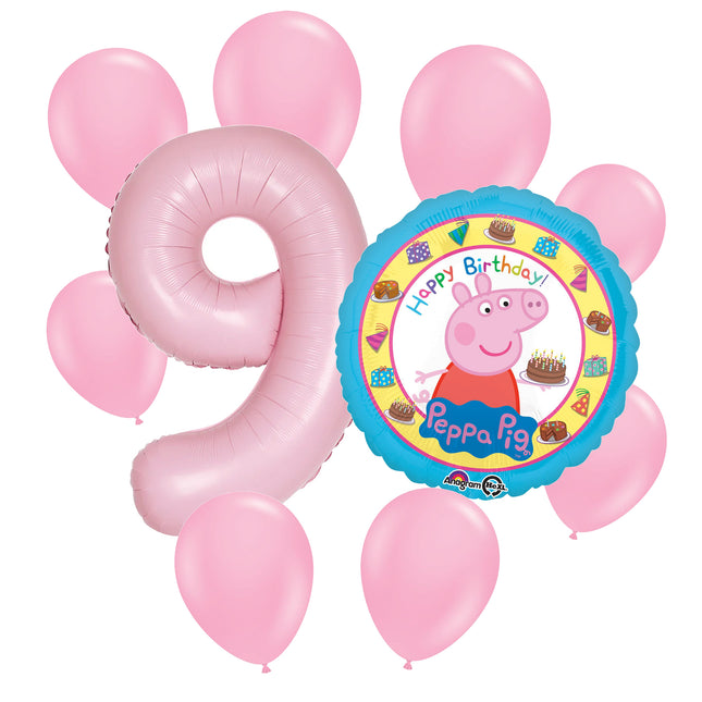 Peppa Pig 9th birthday set main: number 9 foil, themed foil and 8 matching latex balloons