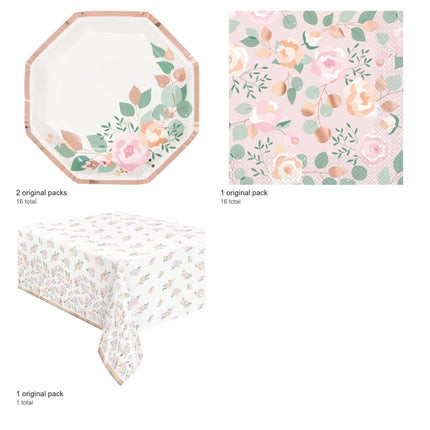 Pink Blooms Bridal Shower Plates, Napkins and Tablecloth Set for 16 Guests - included packs and quantities