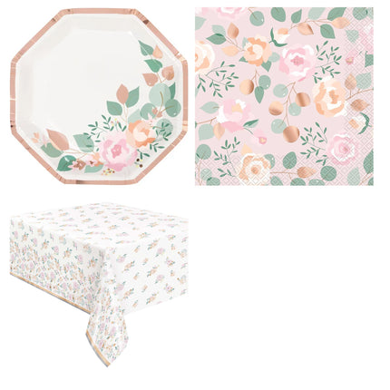 Pink Blooms Bridal Shower Plates, Napkins and Tablecloth Set for 16 Guests - set overview