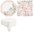 Pink Blooms Bridal Shower Plates, Napkins and Tablecloth Set for 16 Guests - set overview