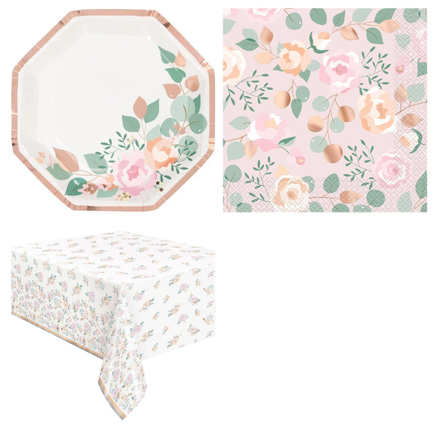 Pink Blooms Bridal Shower Plates, Napkins and Tablecloth Set for 16 Guests - set overview