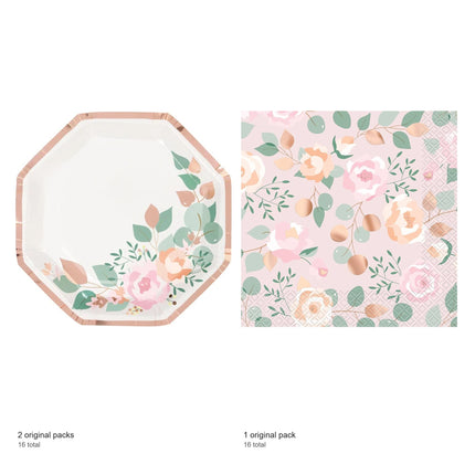 Pink Blooms Bridal Shower Shaped Plates and Napkins Set for 16 Guests - included packs and quantities
