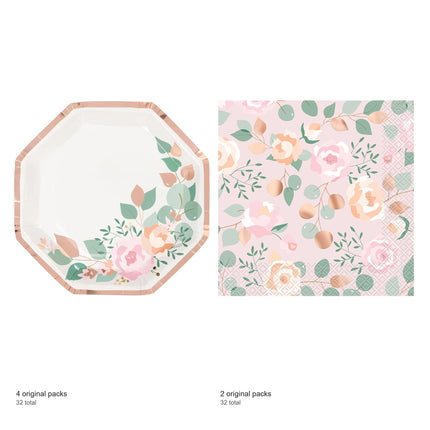 Pink Blooms Bridal Shower Shaped Plates and Napkins Set for 32 Guests - included packs and quantities