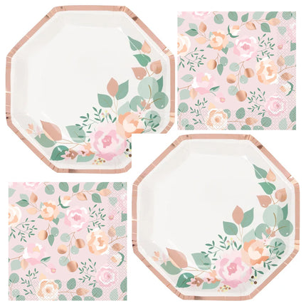 Pink Blooms Bridal Shower Shaped Plates and Napkins Set for 32 Guests - set overview