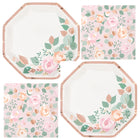 Pink Blooms Bridal Shower Shaped Plates and Napkins Set for 32 Guests - set overview