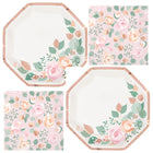 Pink Blooms Bridal Shower Shaped Plates and Napkins Set for 16 Guests - set overview