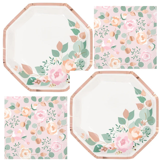 Pink Blooms Bridal Shower Shaped Plates and Napkins Set for 16 Guests - set overview