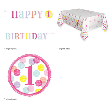 Pink Dots 1st Birthday Decoration Set - Banner, Tablecloth and Foil Balloon - original package contents