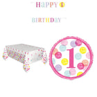 Pink Dots 1st Birthday Decoration Set - Banner, Tablecloth and Foil Balloon - coordinated party set