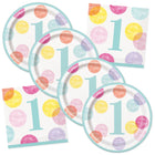 Pink Dots 1st Birthday Dessert Plates and Napkins Set for 16 Guests - coordinated party set