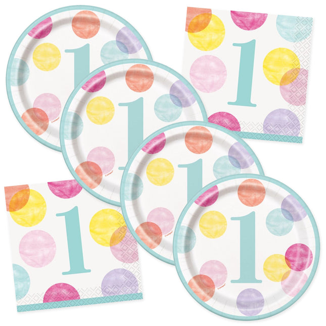 Pink Dots 1st Birthday Dessert Plates and Napkins Set for 16 Guests - coordinated party set