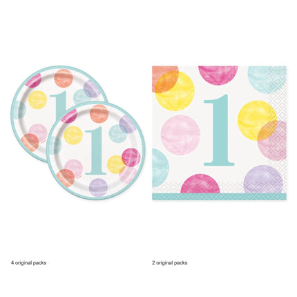 Pink Dots 1st Birthday Dessert Plates and Napkins Set for 32 Guests - original package contents
