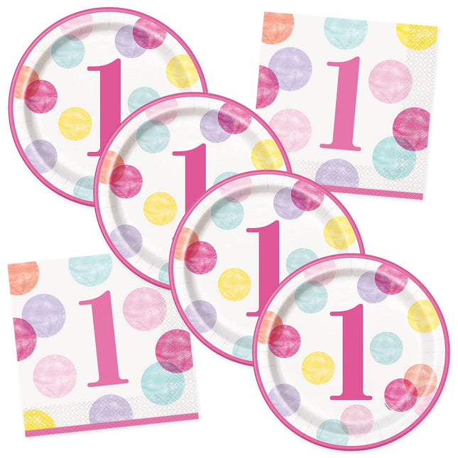 Pink Dots 1st Birthday Dinner Plates and Napkins Set for 16 Guests - coordinating plates and napkins