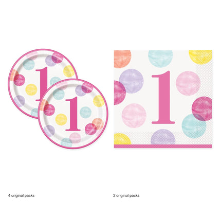 Pink Dots 1st Birthday Dinner Plates and Napkins Set for 32 Guests - original package contents