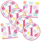 Pink Dots 1st Birthday Dinner Plates and Napkins Set for 32 Guests - coordinated party set