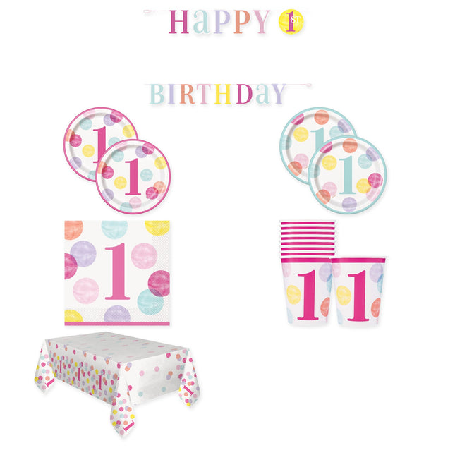 Pink Dots 1st Birthday Tableware and Decorations Set for 16 Guests - coordinated party set