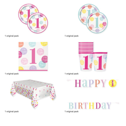 Pink Dots 1st Birthday Tableware and Decorations Set for 8 Guests - original package contents