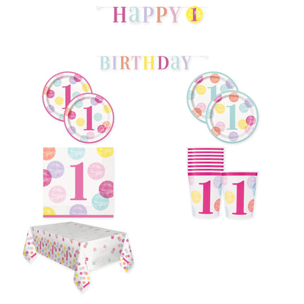 Pink Dots 1st Birthday Tableware and Decorations Set for 8 Guests - coordinated party set