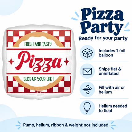 Pizza Party Foil Balloon 17" – Square Pizza Birthday Decoration - inflation and included item information