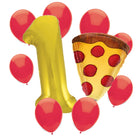Pizza Party 1st birthday set main: number 1 foil, themed foil and 8 matching latex balloons