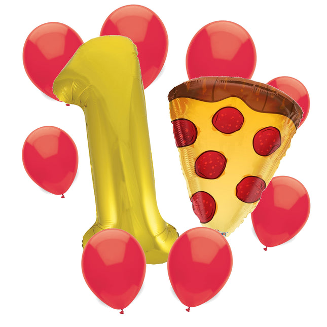 Pizza Party 1st birthday set main: number 1 foil, themed foil and 8 matching latex balloons