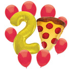 Pizza Party 2nd birthday set main: number 2 foil, themed foil and 8 matching latex balloons