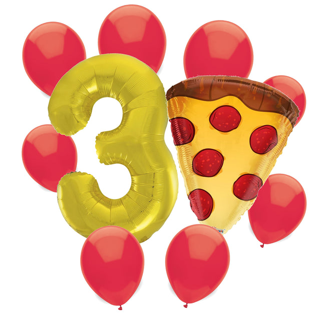 Pizza Party 3rd birthday set main: number 3 foil, themed foil and 8 matching latex balloons
