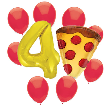 Pizza Party 4th birthday set main: number 4 foil, themed foil and 8 matching latex balloons