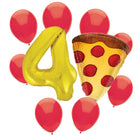 Pizza Party 4th birthday set main: number 4 foil, themed foil and 8 matching latex balloons