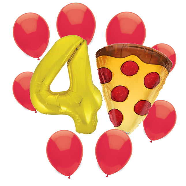 Pizza Party 4th birthday set main: number 4 foil, themed foil and 8 matching latex balloons