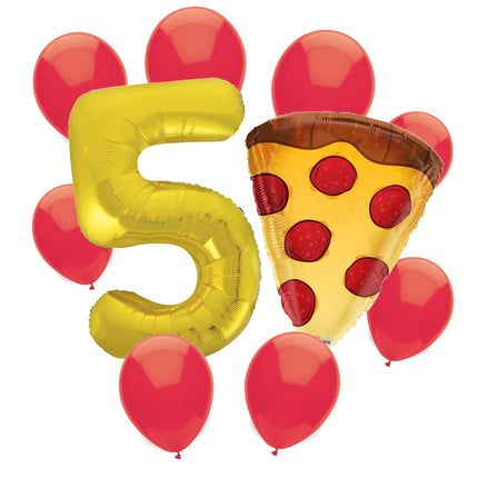 Pizza Party 5th birthday set main: number 5 foil, themed foil and 8 matching latex balloons