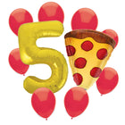 Pizza Party 5th birthday set main: number 5 foil, themed foil and 8 matching latex balloons