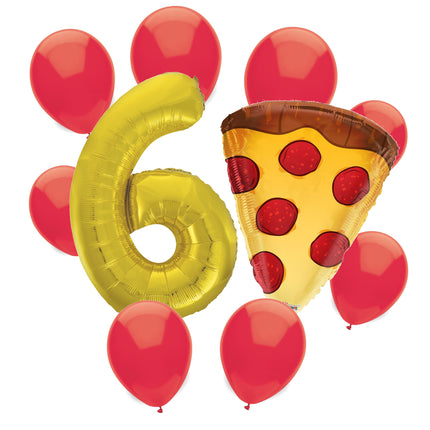Pizza Party 6th birthday set main: number 6 foil, themed foil and 8 matching latex balloons