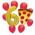 Pizza Party 6th birthday set main: number 6 foil, themed foil and 8 matching latex balloons