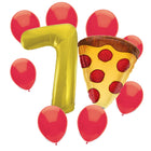 Pizza Party 7th birthday set main: number 7 foil, themed foil and 8 matching latex balloons