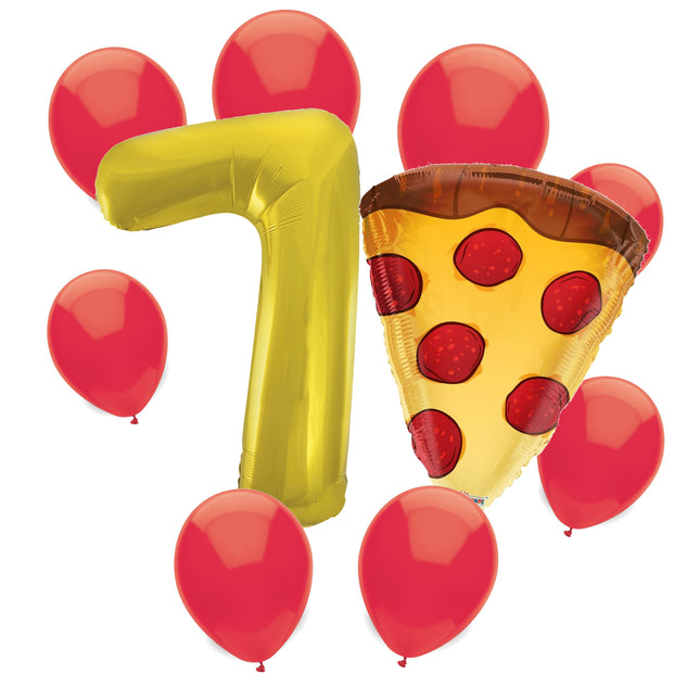 Pizza Party 7th birthday set main: number 7 foil, themed foil and 8 matching latex balloons