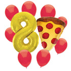 Pizza Party 8th birthday set main: number 8 foil, themed foil and 8 matching latex balloons
