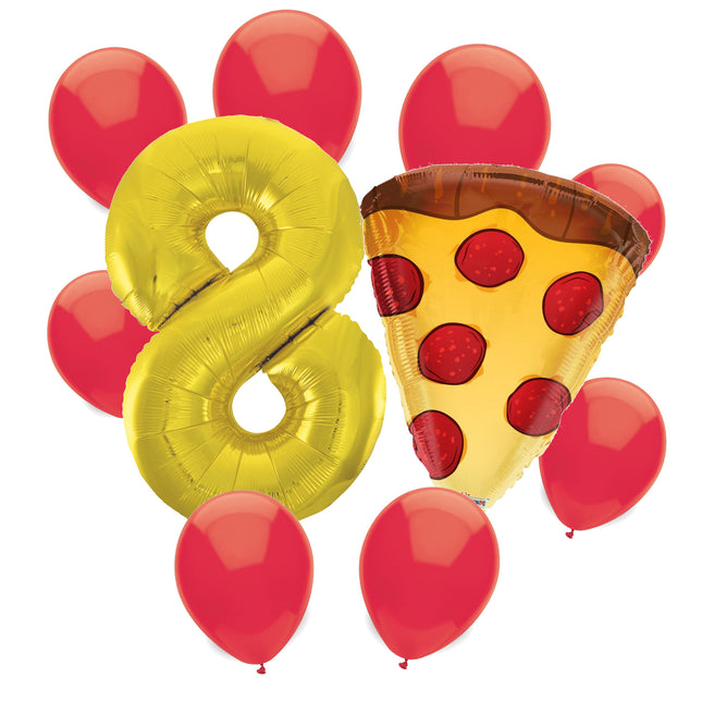 Pizza Party 8th birthday set main: number 8 foil, themed foil and 8 matching latex balloons
